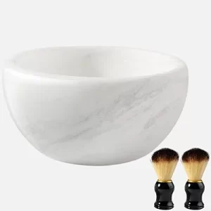 Koville White Marble Shaving Soap Bowl Handmade Natural Marble Heat Retaining Stone Luxurious Hot Shave Gift Set for Men with Shaving Brushes