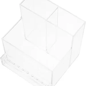 Makeup Brush Holder Storage Box for Makeup Brushes, Nail Drill Bits, Jewelry and Stationery - Spinning Desktop Organizer with Adjustable Compartments