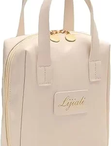 Eretinputc Premium PU Leather Waterproof Makeup Bag with Stand White