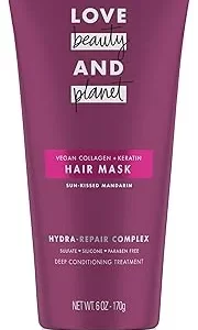 Love Beauty Planet Damage Repair Hair Mask with Vegan Collagen, Keratin & Mandarin - Sulfate-Free Conditioner for Fragile Hair - 6 oz