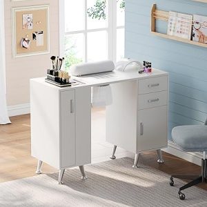 Nail Tech Desk with Dust Collector, Storage, and Lockers - Salon Manicure Table Workstation in White