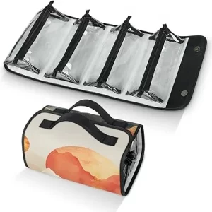 Waves Boho Bohemian Sunset Mid Century 4-in-1 Toiletry Makeup Bag Set - Roll-Up Cosmetic Case With Removable Pouches For Women
